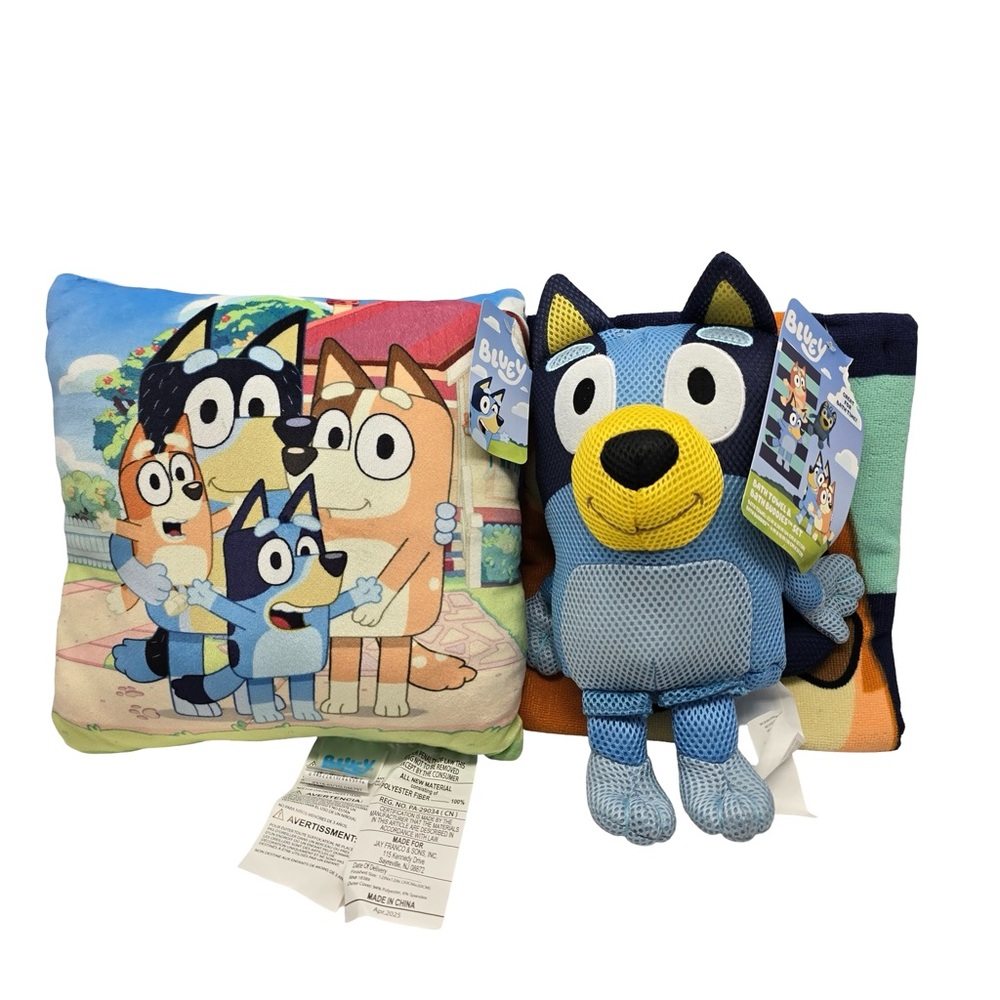 Bluey Kids Bath Set Bundle‎ Towel Bath Buddy Plush Pillow Cartoon Gift